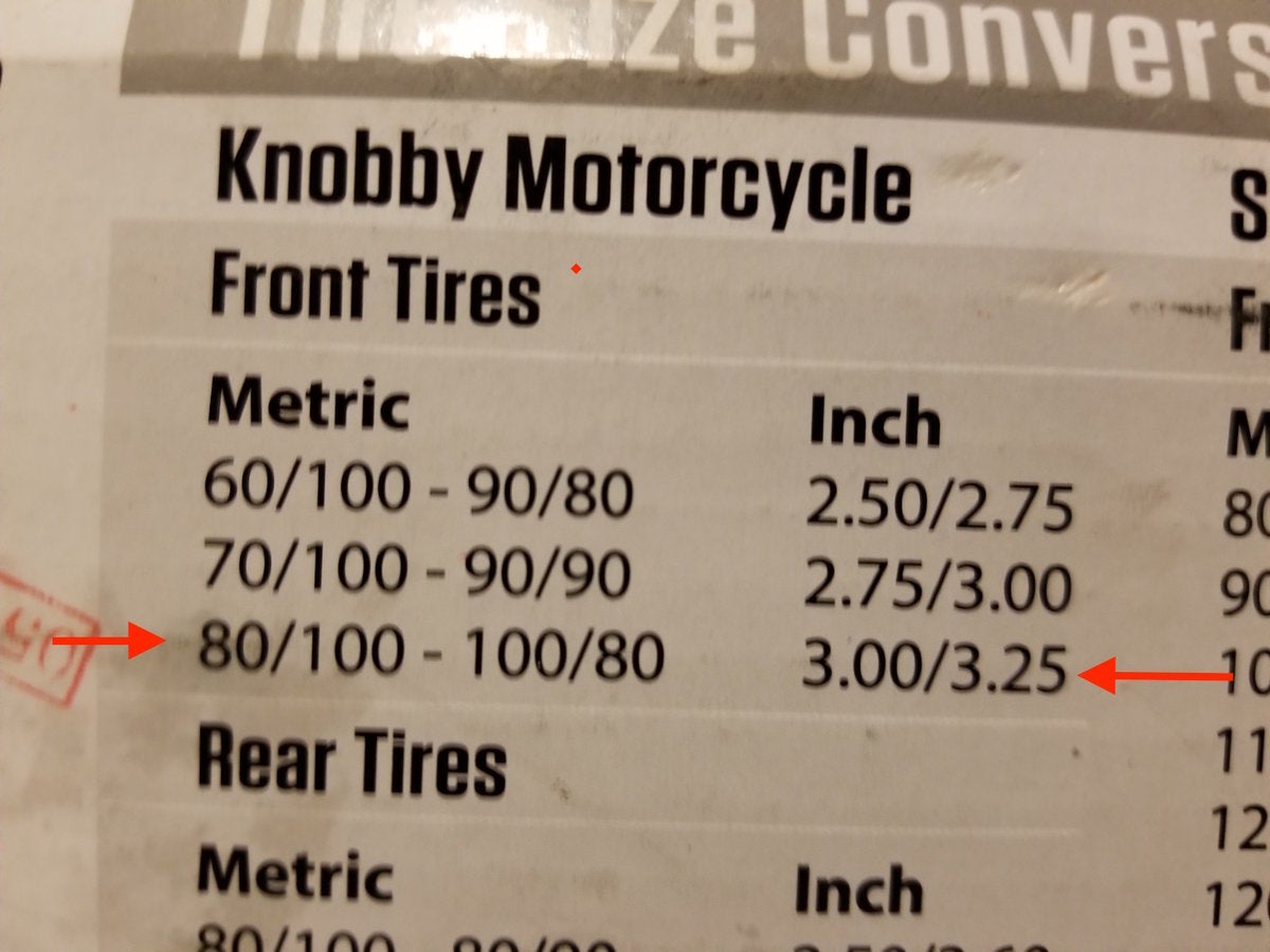 Motorcycle Front Tire Size Chart