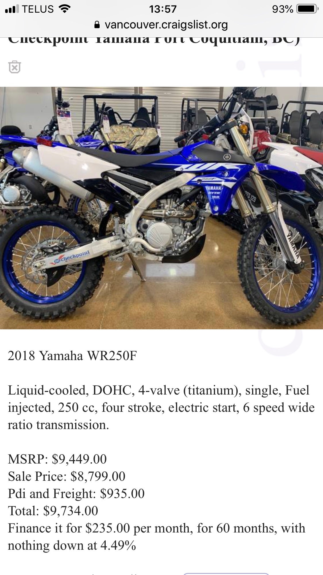 yamaha wr250f for sale craigslist